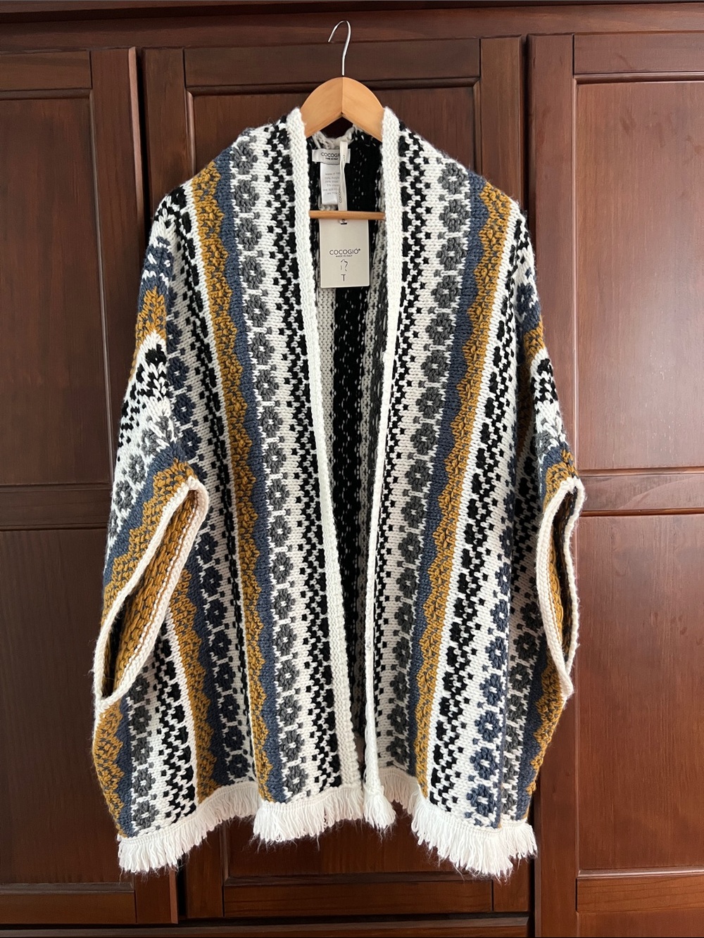 COCOGIO Italy Southwestern Fringed Poncho Cardigan Open Knit Wrap OS